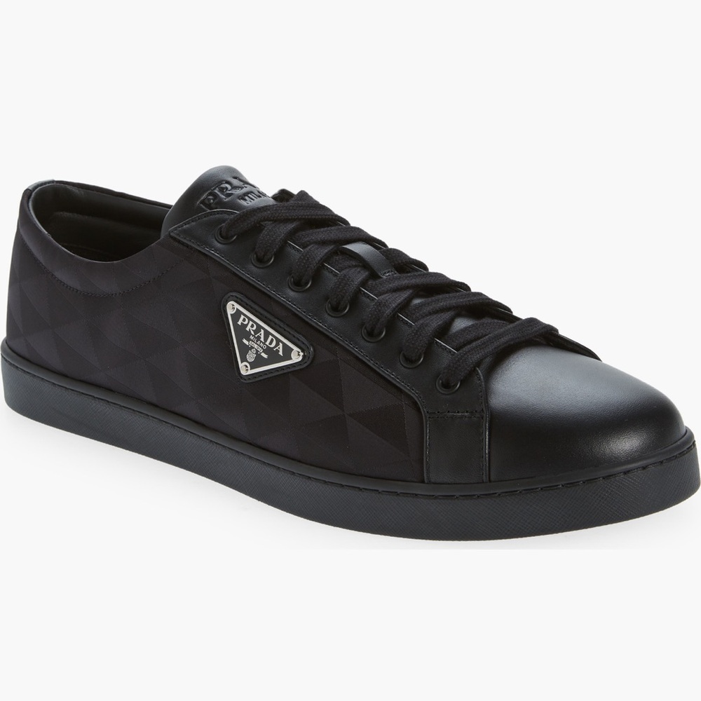 Prada Men Lane Black Geometric Triangle Logo leather Re-Nylon Sneakers US 9 new